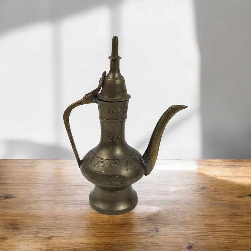 Vintage Etched Brass Surahi Teapot Mid Century Modern 4.5" Flip Top